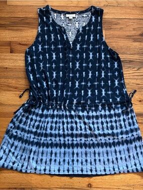 J. Jill Pure Jill Blue Shibori Tie Dye Linen  Tie Waist Sleeveless Tunic Shirt